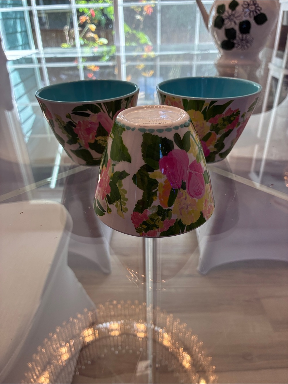 Anthropologie Floral Ceramic Bowls with Turquoise Interiors - Set of 3
